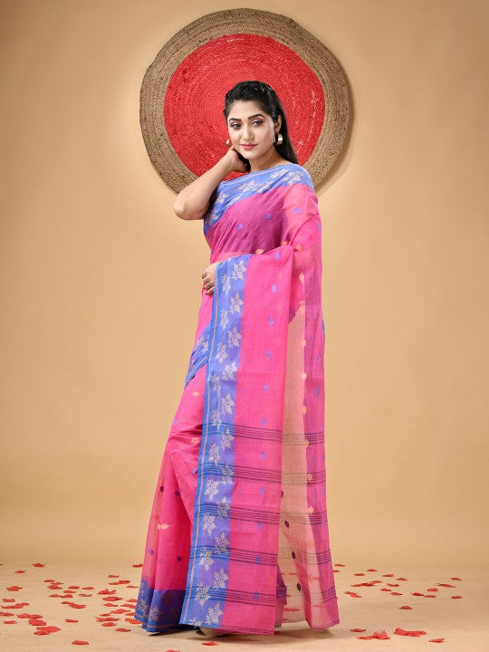 Pink Pure Handloom Cotton Saree with Leaf Woven Design and Taant Borders