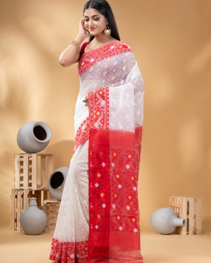 DESH BIDESH White Red Pure Cotton Jamdani Saree, Ethnic Motifs, Zari Woven