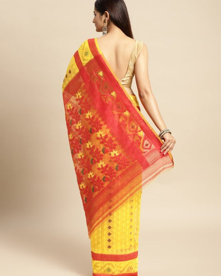 DESH BIDESH Red & Yellow Woven Design Pure Cotton Jamdani Saree