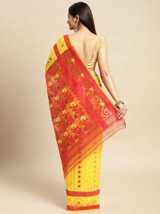 DESH BIDESH Red & Yellow Woven Design Pure Cotton Jamdani Saree