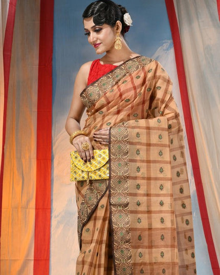 Exquisite Orange Pure Cotton Taant Saree with Ethnic Woven Design Border