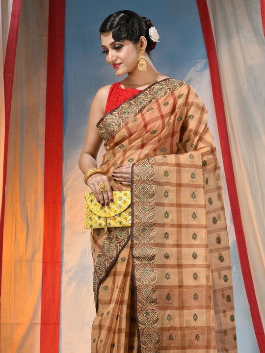 Exquisite Orange Pure Cotton Taant Saree with Ethnic Woven Design Border