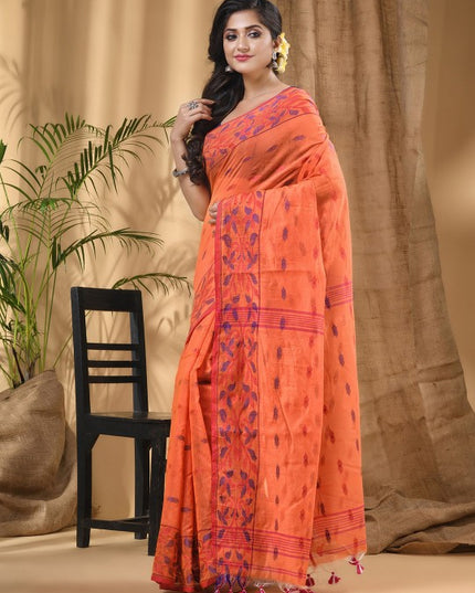 Orange & Blue Woven Design Silk Cotton Taant Saree with Ethnic Motifs
