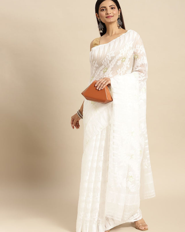 DESH BIDESH White Woven Design Pure Cotton Jamdani Saree
