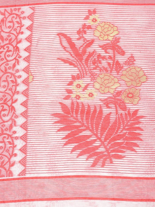 Exquisite Red & White Woven Design Jamdani Saree with Elegant Floral Patterns