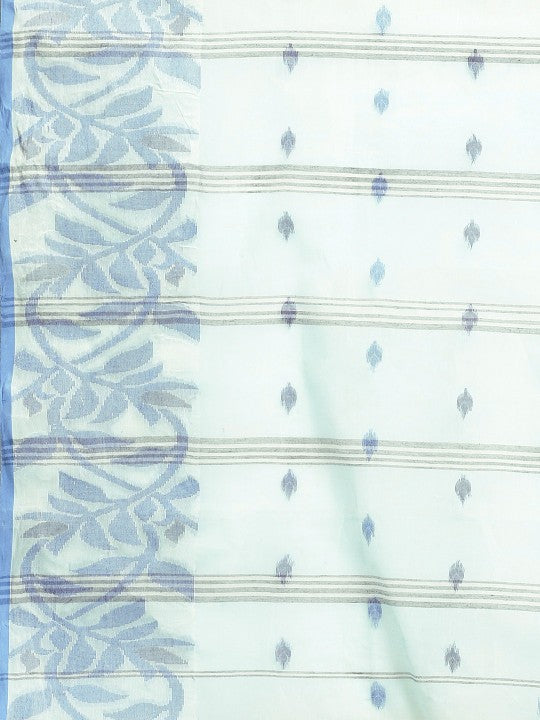 DESH BIDESH Blue & White Ethnic Motifs Pure Cotton Taant Saree