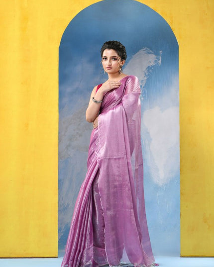 DESH BIDESH Embellished Pink Tissue Taant Saree for Women