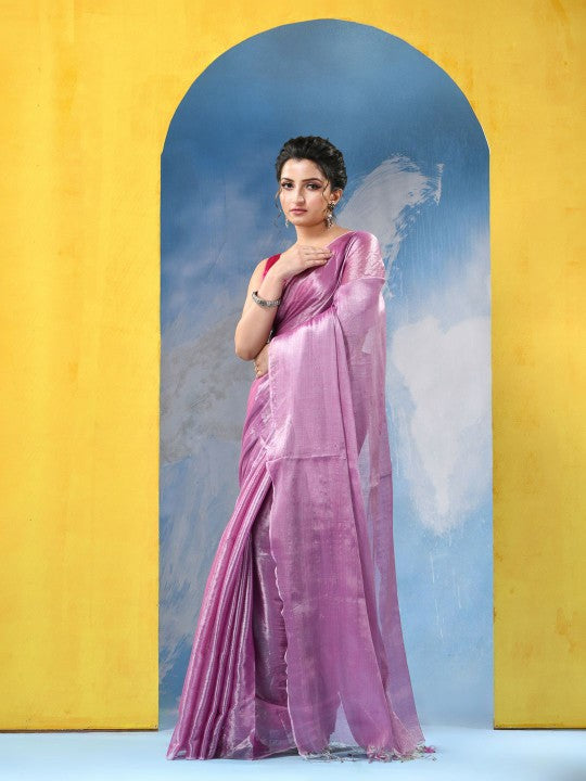 DESH BIDESH Embellished Pink Tissue Taant Saree for Women
