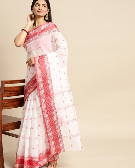 DESH BIDESH White & Red Ethnic Motifs Pure Cotton Taant Saree
