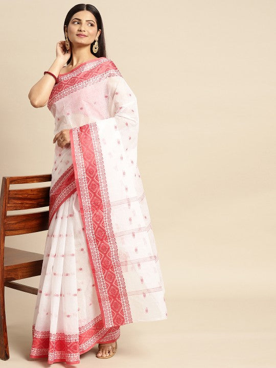 DESH BIDESH White & Red Ethnic Motifs Pure Cotton Taant Saree