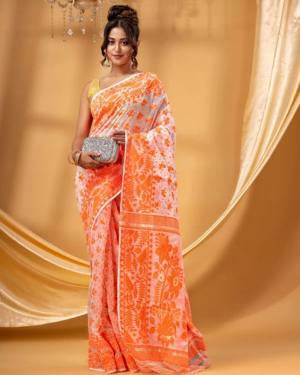 DESH BIDESH Elegant Handcrafted Floral Woven Pure Cotton Jamdani Saree