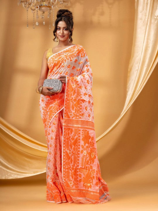 DESH BIDESH Elegant Handcrafted Floral Woven Pure Cotton Jamdani Saree