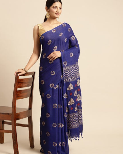 DESH BIDESH Navy Blue & Golden Floral Design Pure Cotton Taant Saree
