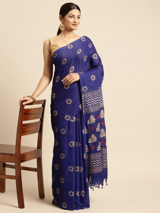 DESH BIDESH Navy Blue & Golden Floral Design Pure Cotton Taant Saree