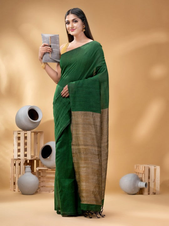 DESH BIDESH Green & Gold-Toned Pure Cotton Handloom Khadi Saree