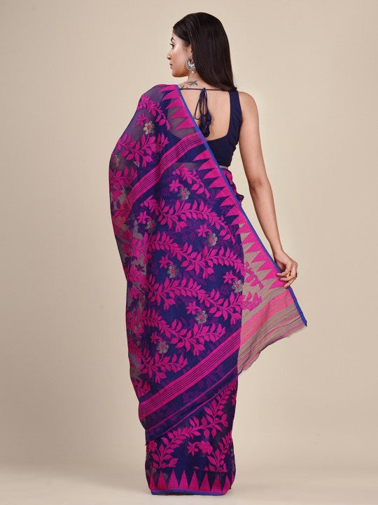 DESH BIDESH Purple & Pink Paisley Pure Cotton Jamdani Saree
