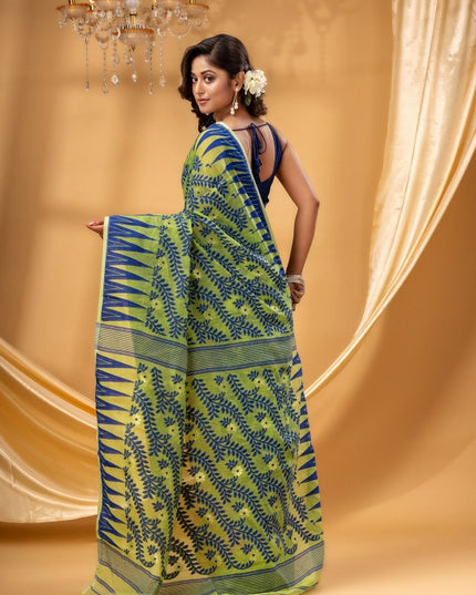 DESH BIDESH Pink-Green Pure Cotton Jamdani Saree: Elegant Woven Border Design