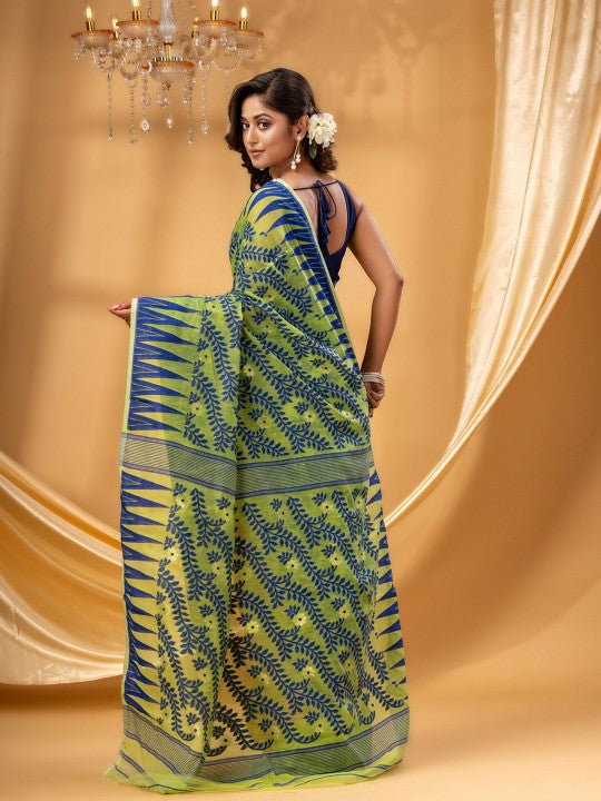 DESH BIDESH Pink-Green Pure Cotton Jamdani Saree: Elegant Woven Border Design