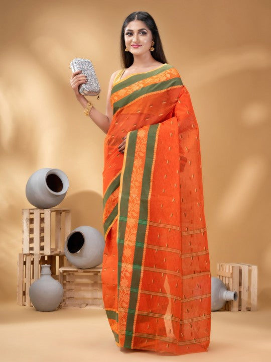 DESH BIDESH Ethnic Motifs Woven Design Zari Pure Cotton Taant Saree