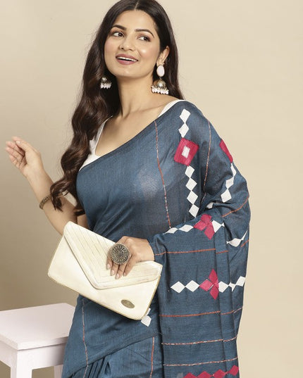 DESH BIDESH Navy Blue & White Pure Cotton Taant Saree