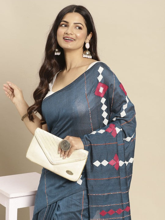DESH BIDESH Navy Blue & White Pure Cotton Taant Saree