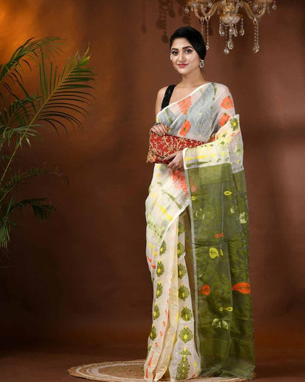 DESH BIDESH Elegant White & Green Paisley Woven Phulkari Jamdani Saree