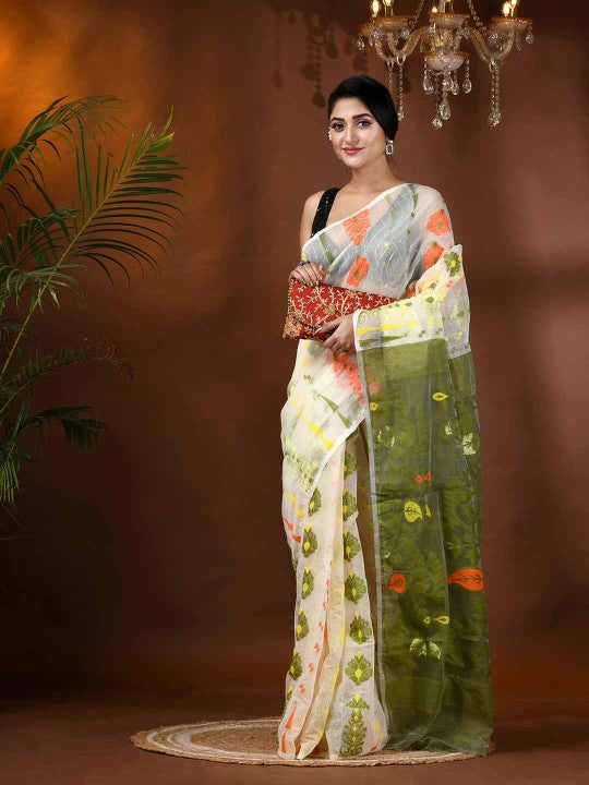 DESH BIDESH Elegant White & Green Paisley Woven Phulkari Jamdani Saree