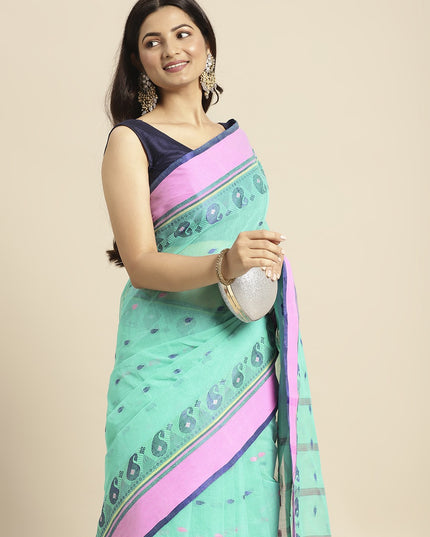 DESH BIDESH Blue Woven Design Pure Cotton Taant Saree