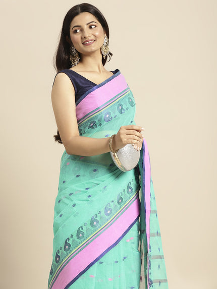 DESH BIDESH Blue Woven Design Pure Cotton Taant Saree