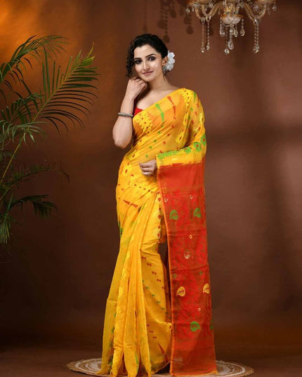 Exquisite Yellow & Red Paisley Woven Design Phulkari Jamdani Saree for Women