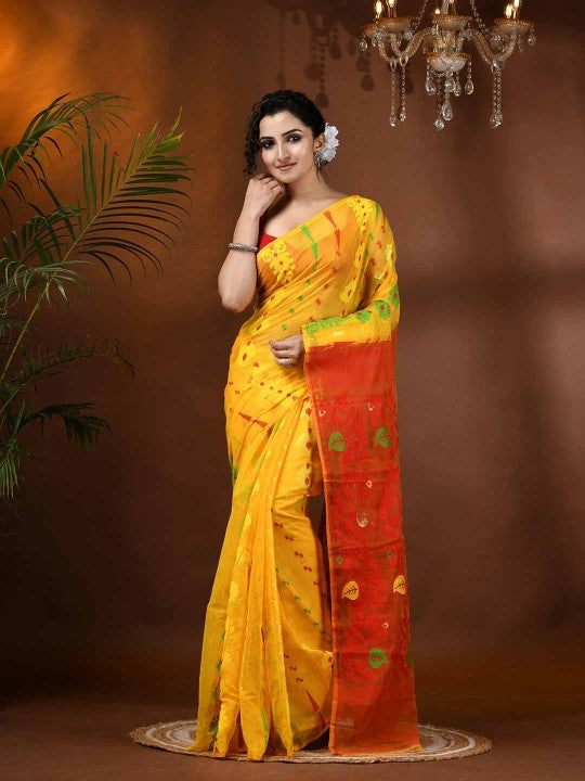 Exquisite Yellow & Red Paisley Woven Design Phulkari Jamdani Saree for Women