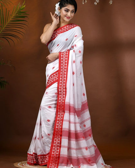 Exquisite White & Red Woven Design Pure Cotton Taant Saree for Women