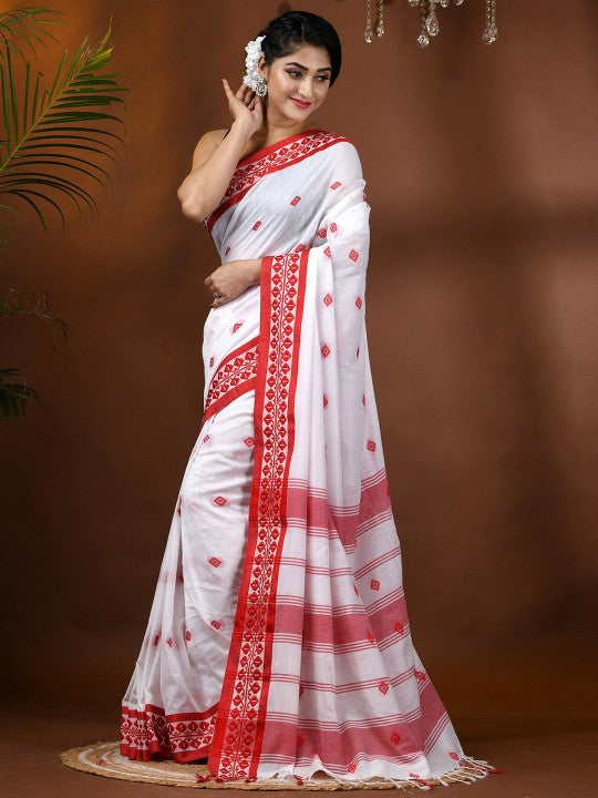 Exquisite White & Red Woven Design Pure Cotton Taant Saree for Women