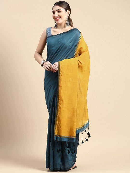 DESH BIDESH Colourblocked Cotton Silk Saree with Unstitched Blouse Piece