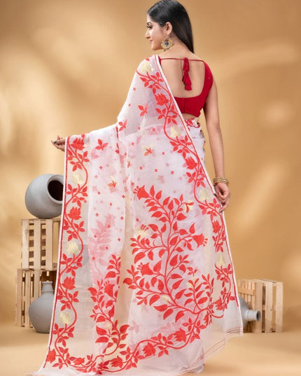 Elegant Pure Cotton Jamdani Saree with Woven Zari Design, Red & White