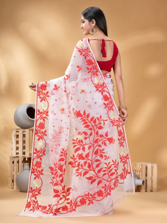 Elegant Pure Cotton Jamdani Saree with Woven Zari Design, Red & White