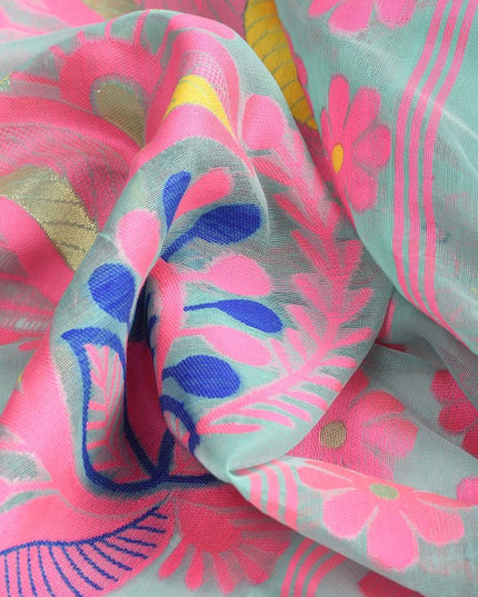 DESH BIDESH Turquoise Blue & Pink Woven Design Pure Cotton Handloom Jamdani Saree