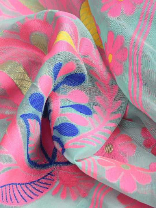 DESH BIDESH Turquoise Blue & Pink Woven Design Pure Cotton Handloom Jamdani Saree