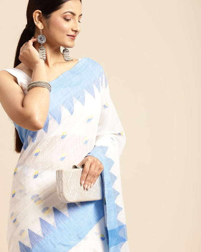 DESH BIDESH White & Blue Geometric Design Pure Cotton Taant Saree