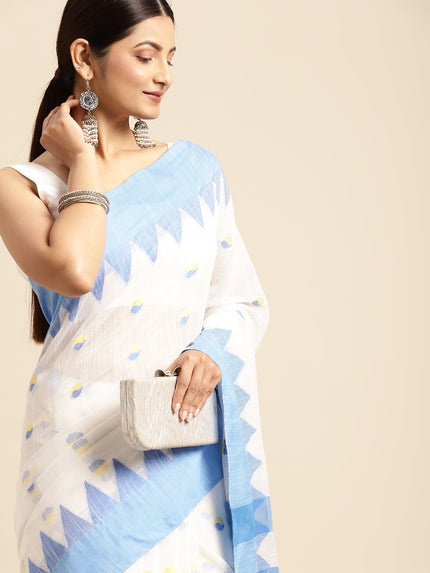 DESH BIDESH White & Blue Geometric Design Pure Cotton Taant Saree
