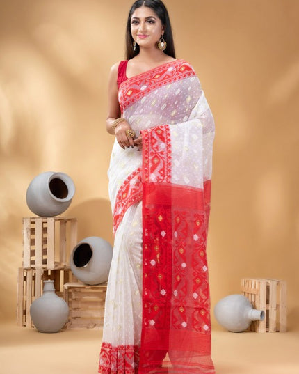 DESH BIDESH White Red Pure Cotton Jamdani Saree, Ethnic Motifs, Zari Woven