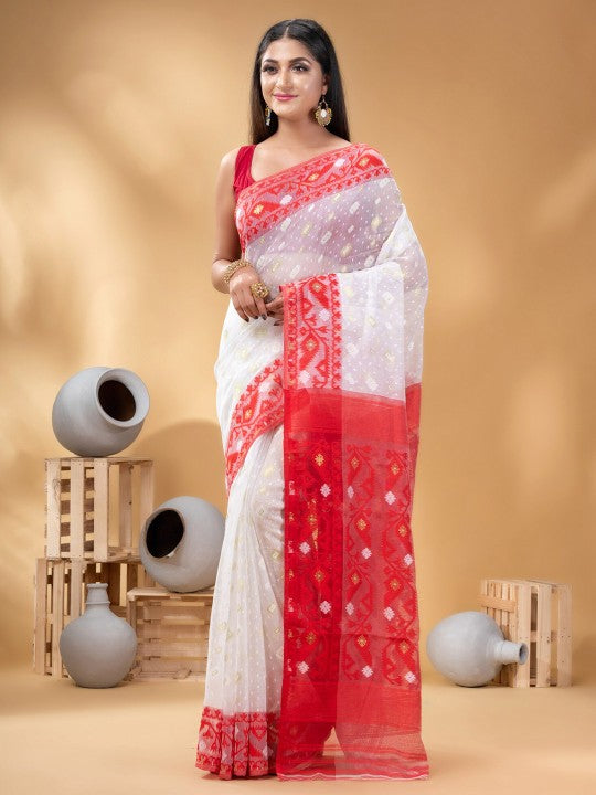 DESH BIDESH White Red Pure Cotton Jamdani Saree, Ethnic Motifs, Zari Woven