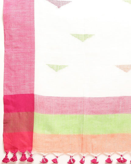 DESH BIDESH White & Pink Geometric Design Pure Cotton Taant Saree