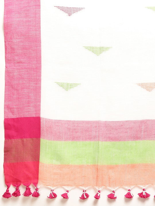 DESH BIDESH White & Pink Geometric Design Pure Cotton Taant Saree