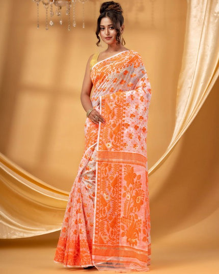 DESH BIDESH Elegant Handcrafted Floral Woven Pure Cotton Jamdani Saree