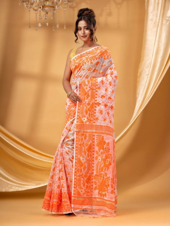 DESH BIDESH Elegant Handcrafted Floral Woven Pure Cotton Jamdani Saree