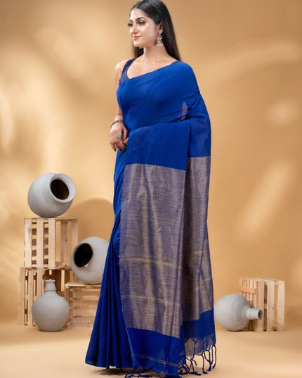 DESH BIDESH Elegant Pure Cotton Khadi Saree with Woven Design, Royal Blue & Gold Hue