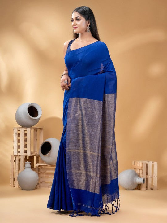 DESH BIDESH Elegant Pure Cotton Khadi Saree with Woven Design, Royal Blue & Gold Hue