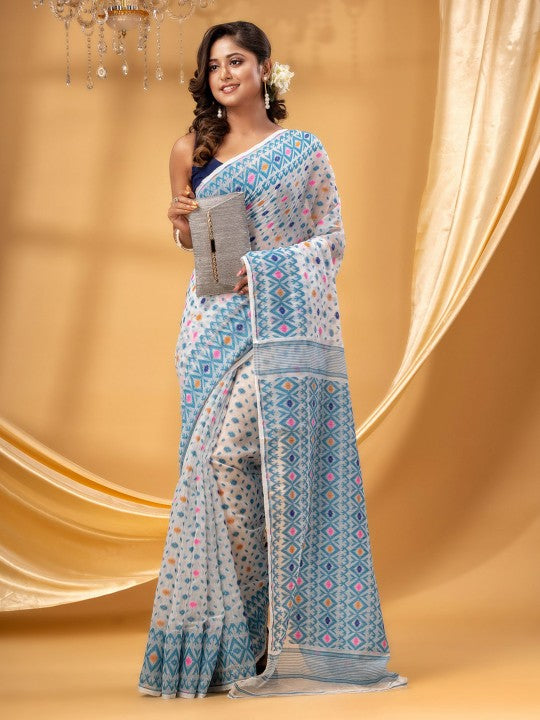 Exquisite Blue & White Woven Jamdani Pure Cotton Saree with Matching Blouse Piece