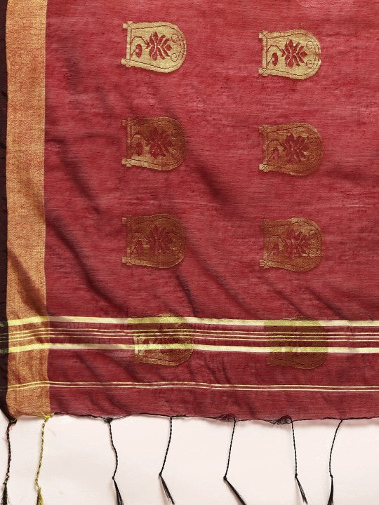 DESH BIDESH Maroon & Golden Ethnic Design Pure Cotton Taant Saree